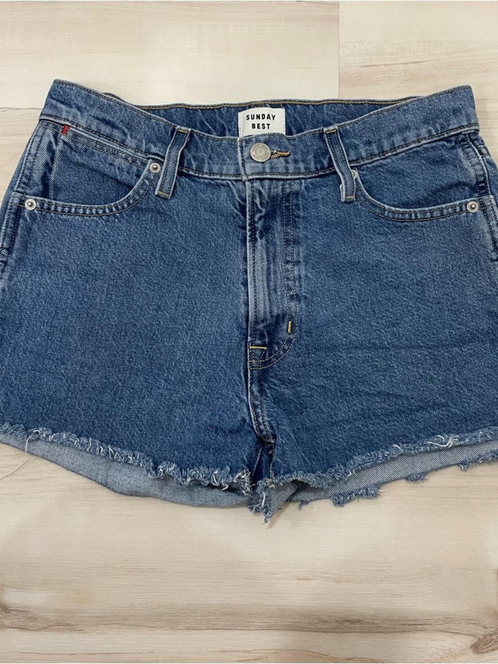 Aritzia Sunday Best Dark Blue Denim Frayed Hem Shorts